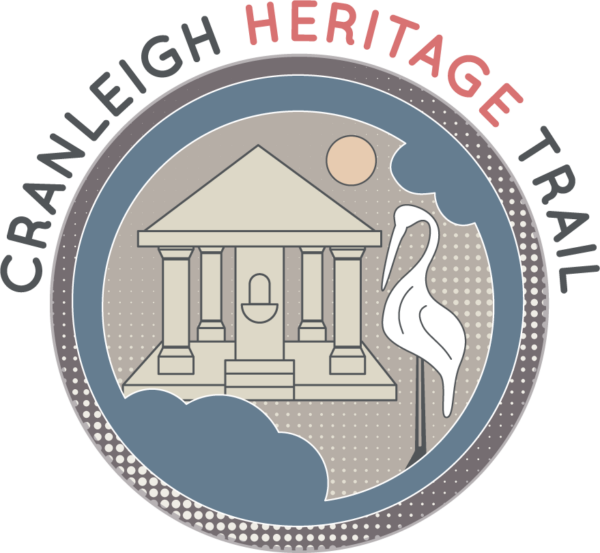 Cranleigh Heritage Trail logo depicting a crane a memorial fountain within a circle.